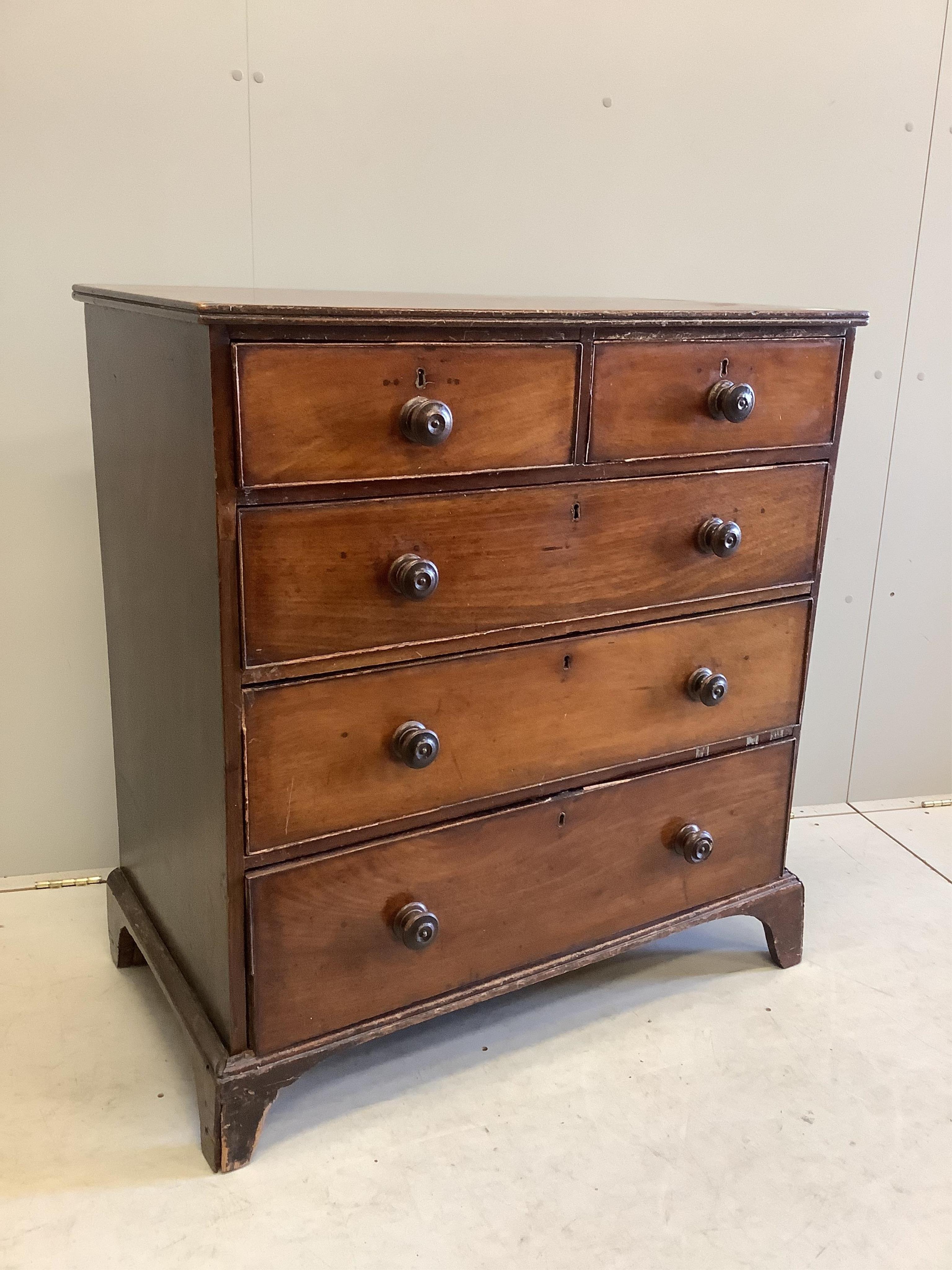 A George III Provincial mahogany chest of drawers, width 93cm, depth 50cm, height 100cm. Condition - poor to fair